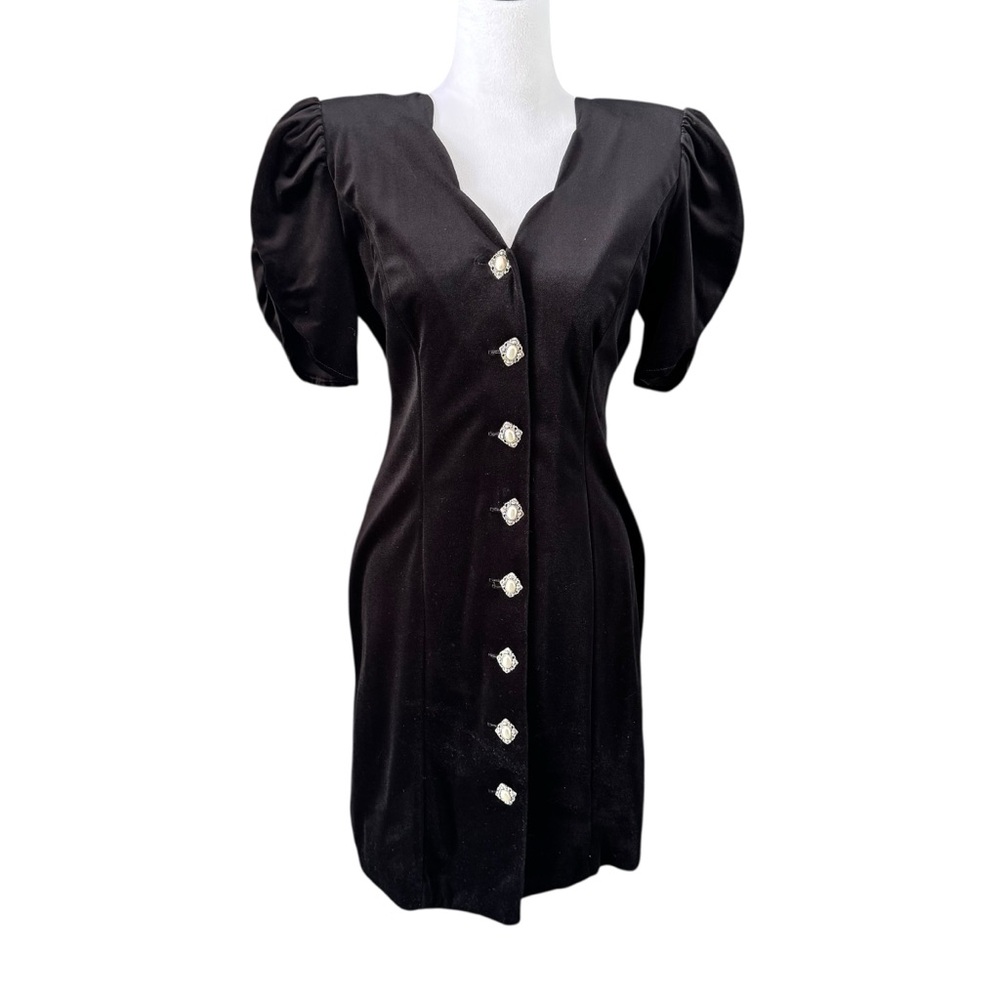 DORBY Vintage Black Velvet Button Front Dress with Puff Sleeves Womens 8